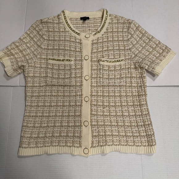 Talbots Ivory Metallic Jacquard Chain Trim Knit Short Sleeve Cardigan, Large - Picture 6 of 9